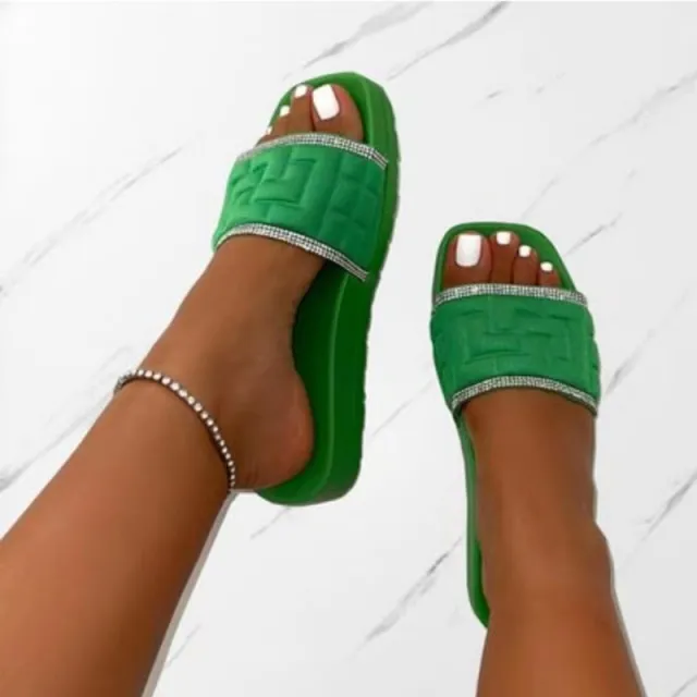 Rhinestones Slippers Women Summer Candy color Flat Heel Shoes Green - Shop at LoveMi