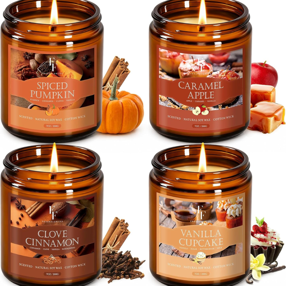 Fall Candles Set, 4 Pack Candles For Home Scented Natural Soy Wax, Autumn Gifts Set For Women Men, Fall Fragrance Of Pumpkin,Cinnamon,Vanilla Cupcake,Apple