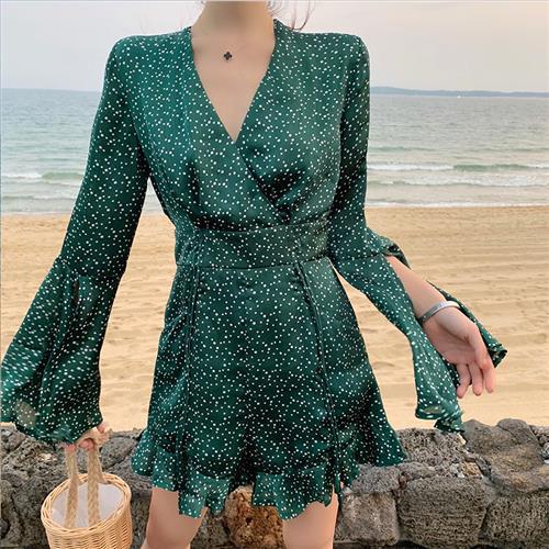 Floral V-Neck Boho Mini Dress – Dark Green Wrap Style, Long Open Sleeves, Casual - Picture 7 of 7