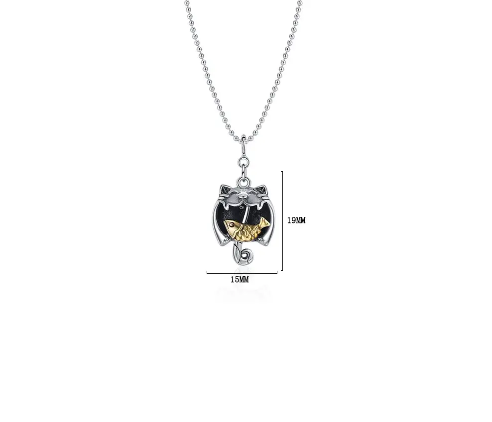 S925 Sterling Silver Vintage Cat Eating Fish Pendant Women's Necklace