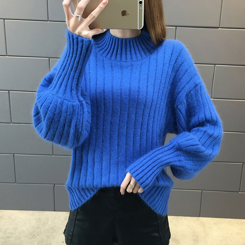 Lantern Sleeve Lazy Half Turtleneck Sweater Pullover Loose