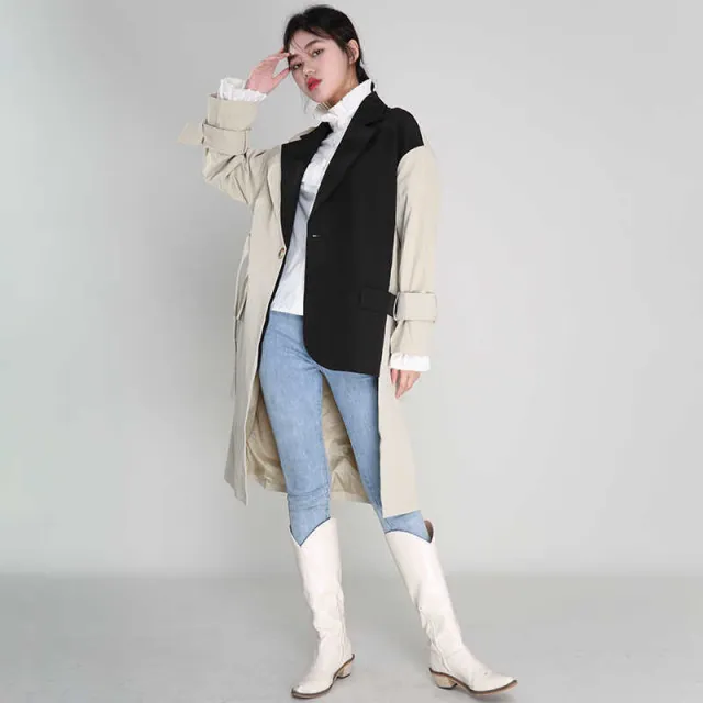 Asymmetrical Contrast Stitching Suit Collar Trench Coat Khaki - Shop at LoveMi