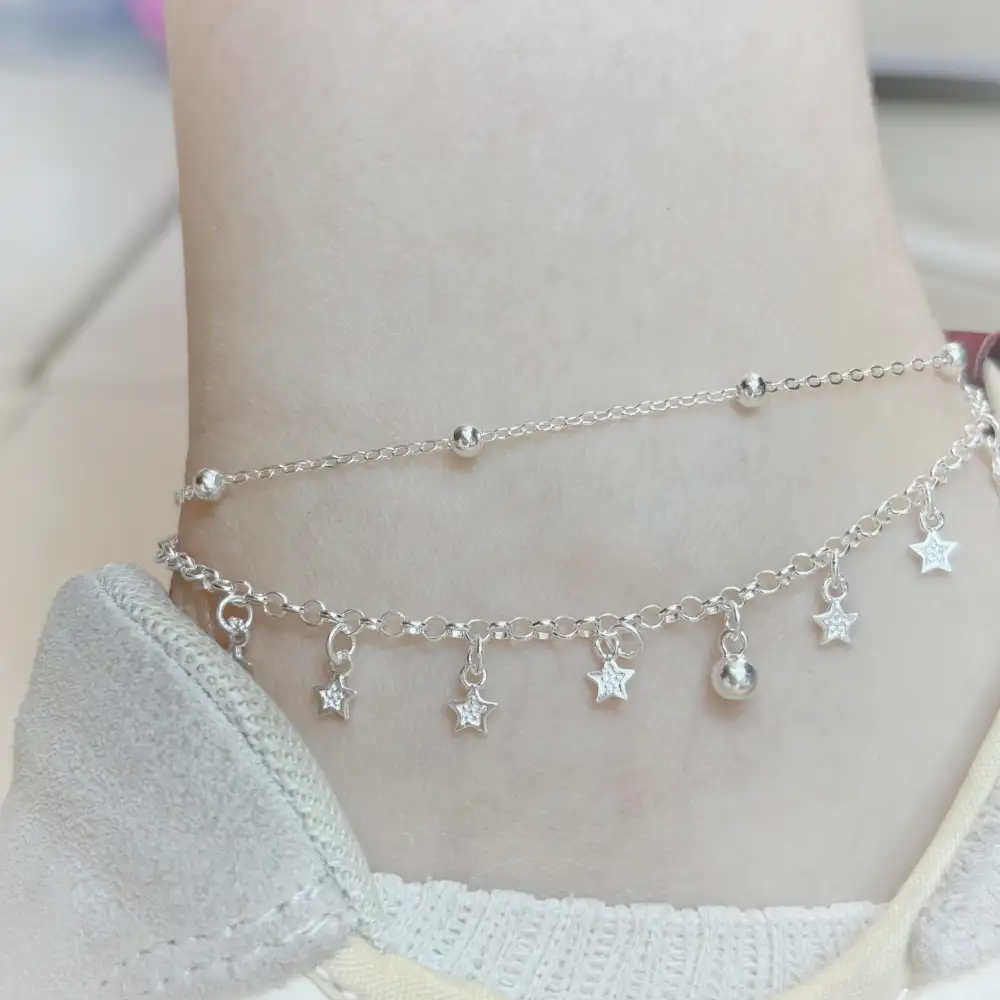 1pc 999 Sterling Silver Double-Layer Star & Bead Anklet