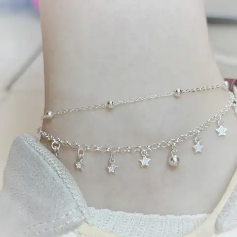 1pc 999 Sterling Silver Double-Layer Star & Bead Anklet
