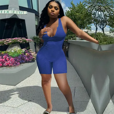 Women's American Sports Vest Knit Pit Short Jumpsuit - Blue