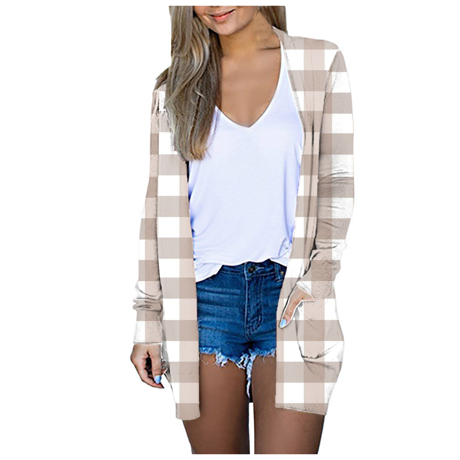Checked Long Sleeve Cardigan Loose Knit Top