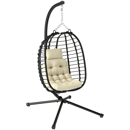 Outsunny Rattan Hanging Egg Chair, Foldable Wicker Hammock Swing Chair With Cushion, Stand, Adjustable Height, Head Pillow, Steel Frame For Garden ... Cream - Shop at LoveMi