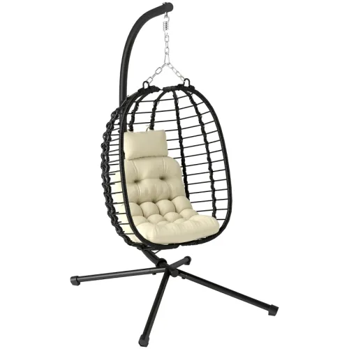 Outsunny Rattan Hanging Egg Chair, Foldable Wicker Hammock Swing Chair With Cushion, Stand, Adjustable Height, Head Pillow, Steel Frame For Garden ... Cream - Shop at LoveMi