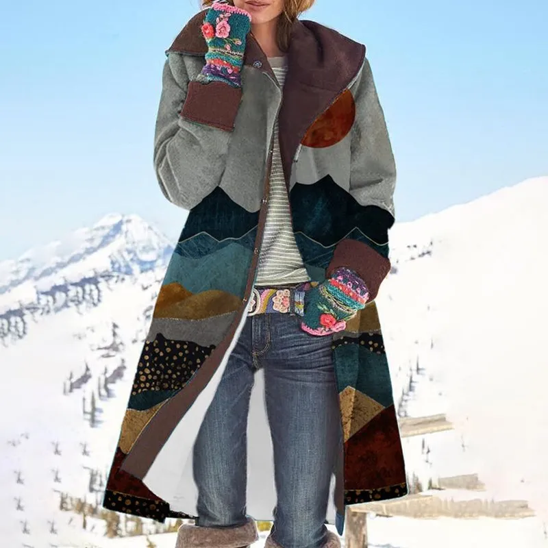 Mid Length Printed Top Long Sleeve Woolen Jacket - Blue