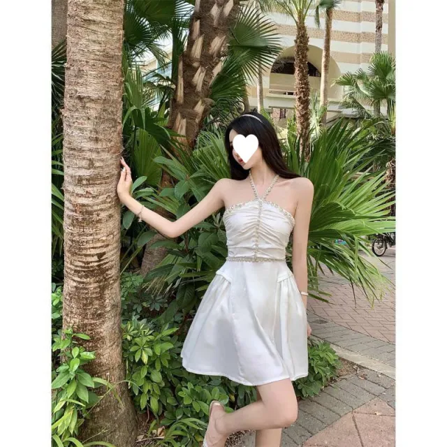 Heavy Engineering Nail Drill Bodice High Waist Crease A line Dress White - Shop at LoveMi