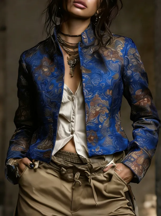 Vintage Ethnic Style Jacquard Short Jacket, American Western Distressed Leather Printed Stand collar Coat Style3 Xl - Shop at LoveMi