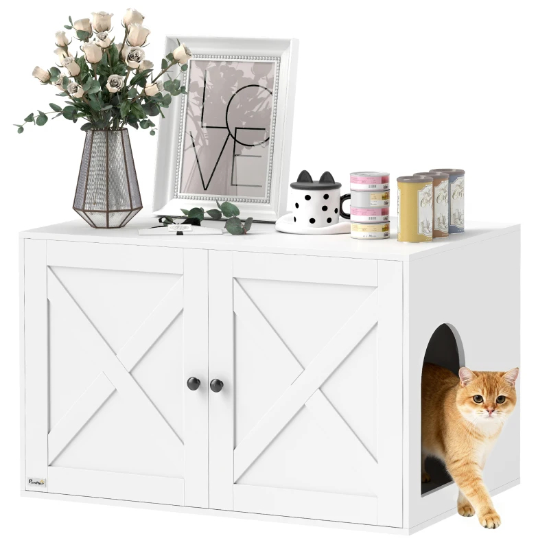 PawHut Cat Litter Box Enclosure With Barn Door, Cat Hole, White