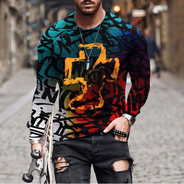 Summer Loose Crew Neck Digital Printed Polyester Long Sleeve