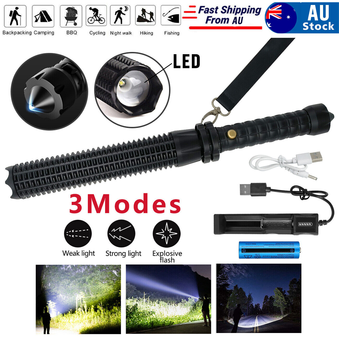 Baseball LED Flashlight Rechargeable Zoom Police Security Torch Baton Lamp Light