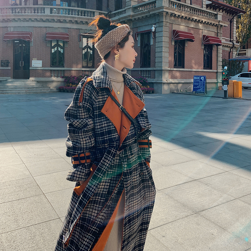 Contrasting Plaid Woolen Coat Women's Mid-length