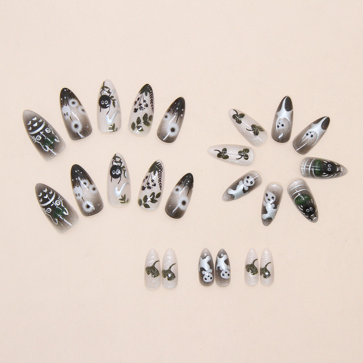 24Pcs Forest Style 3D Embossed Cat Eye Press On Nails, European INS Trendy Reusable Handmade False Nails Removable Wearable Nail Tips