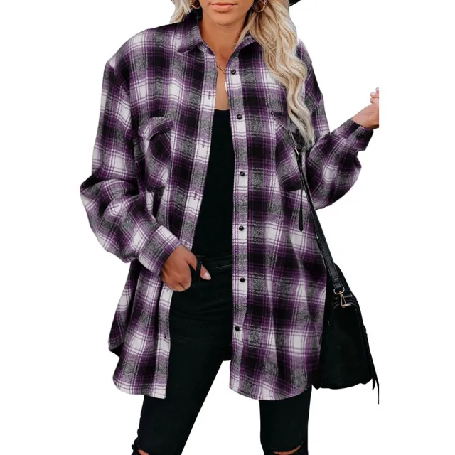 European And American Women's Plaid Mid length Loose Lapel Cardigan Shirt Purple - Shop at LoveMi