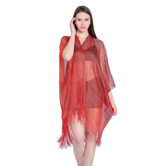 Gold And Silver Ribbon Sleeve Split Shawl Holiday Bikini Blouse Sunscreen Clothes Red - Shop at LoveMi