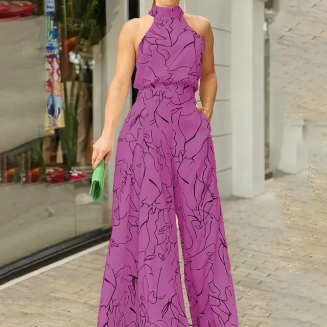 Women's Elegant Waist Tie Sleeveless Halter Jumpsuit Purple - Shop at LoveMi