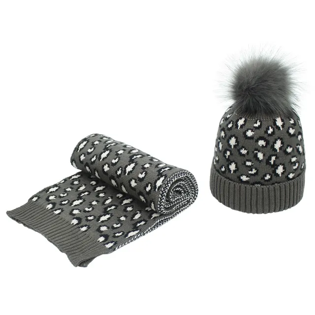 Women's Autumn And Winter Leopard Print Hair Ball Hat Scarf Set Dark Grey - Shop at LoveMi