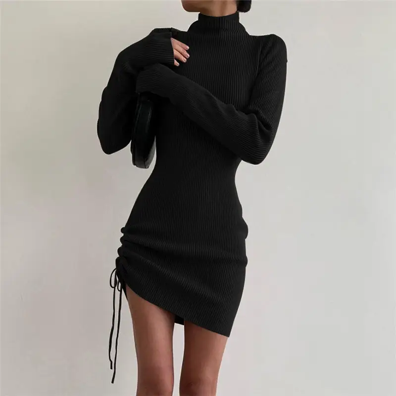 Women's High Collar Long Sleeve Fashion Design Adjustable Drawstring Hip Dress Women
