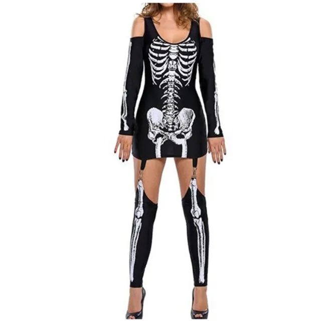 Skull Skeleton Print Sexy Off shoulder Halloween Costume Dark Performance Costume Black - Shop at LoveMi