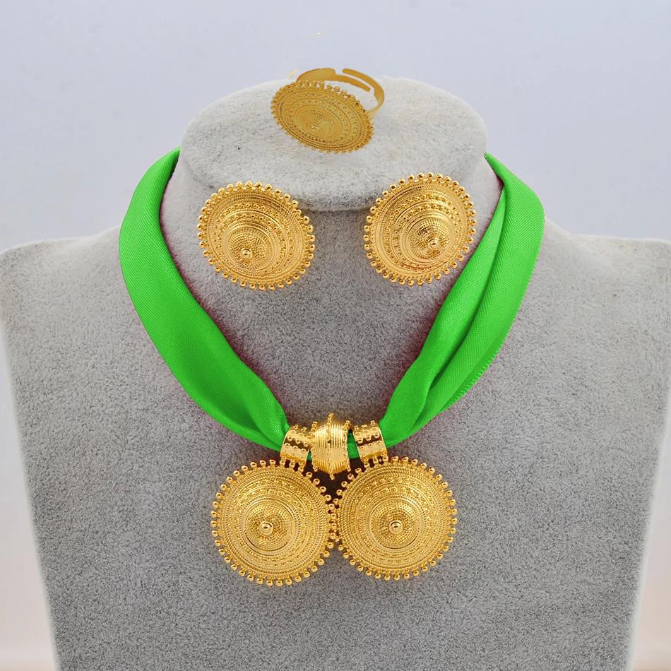 Ethiopian Ladies Gold Plated Necklace Earrings Ring Jewelry Set