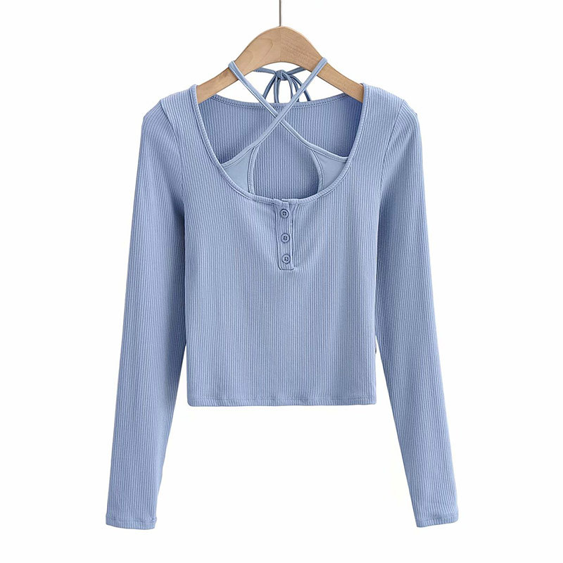 Title 3, Tie Rope Fake Two Long Sleeve Round Neck Single...