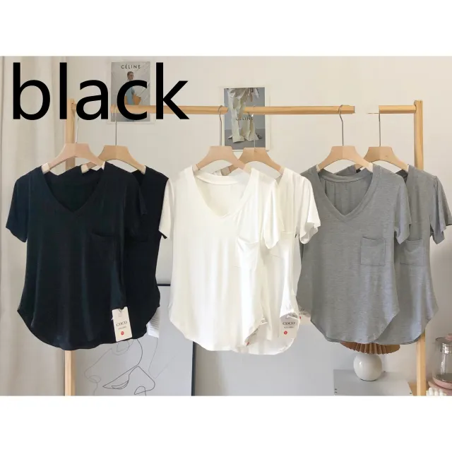 Draping Clavicle T shirt Female Summer Loose Korean Mid length Bottoming Shirt Short sleeved Casual V neck Top Black - Shop at LoveMi