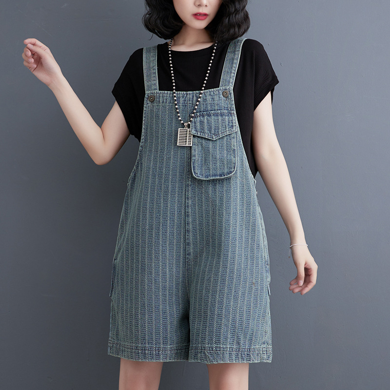 Summer New Large Vertical Stripe Denim Strap Shorts For Women Light Blue - Shop at LoveMi