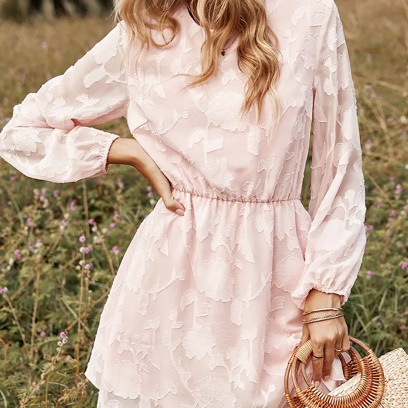 Women's Round Neck Elastic Waist Long Sleeved Dress