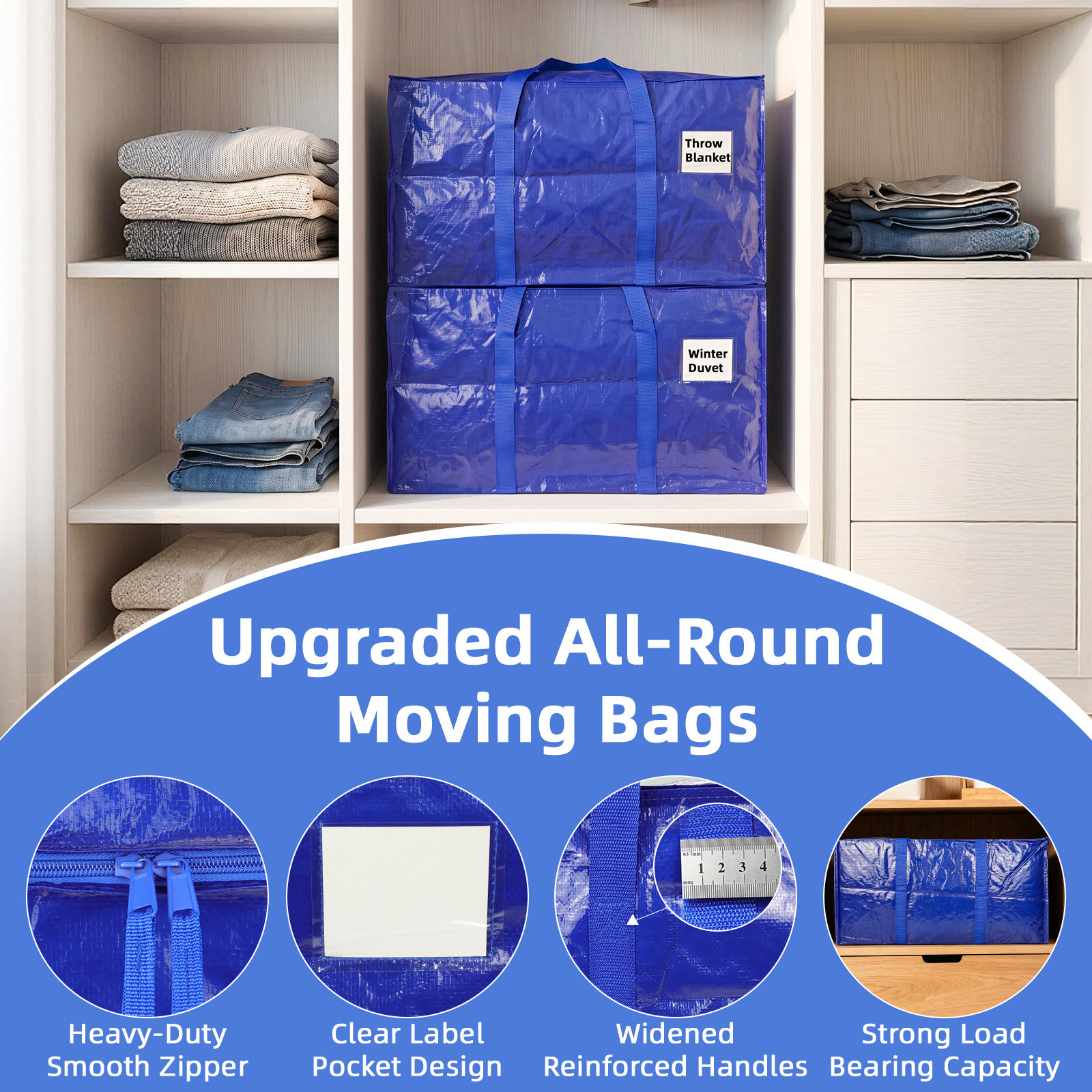Inreeme 90L Large Heavy-Duty Moving Bags And Storage With Zips 6 Pack Foldable — image 2