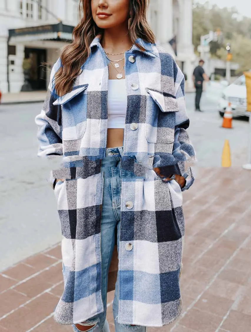 European And American Lapel Loose Women's Plaid Woolen Jacket - Black