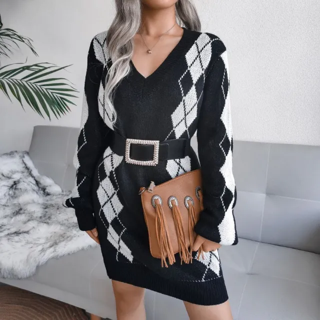Argyle V Neck Ribbed Trim Sweater Dress Black - Shop at LoveMi