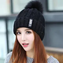 Fashion Stretch Wool Hat Women's Fleece-lined Thickened Scarf Warm Cold-proof Knitted Trendy Hat One-piece Beanie - Black - View 1