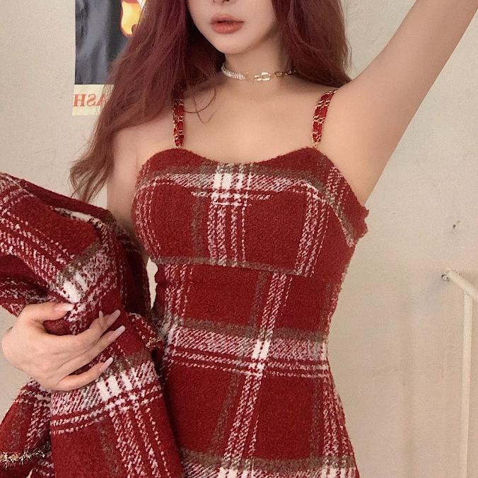 Two-piece Plaid Woolen Short Coat Sling Dress