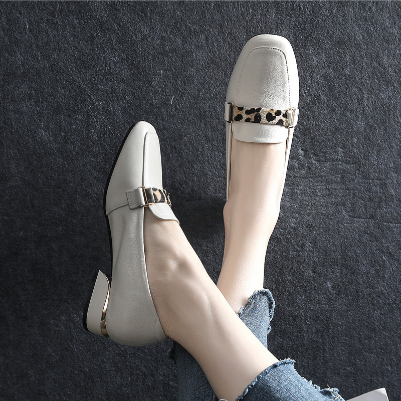 New Top Layer Cowhide Leather All-match Leopard Print Casual Shoes