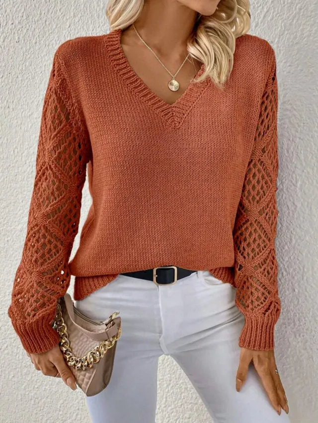 Solid V neck Pullover Sweater With Hollow Long Sleeve Fashion Tops For Women Clothing Orange - Shop at LoveMi