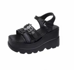 Large Wedge Heel Sandals Women's New Fashion Belt Buckle - Black - View 1