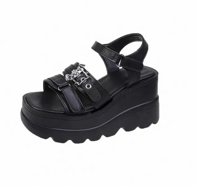 Large Wedge Heel Sandals Women's New Fashion Belt Buckle Black - Shop at LoveMi