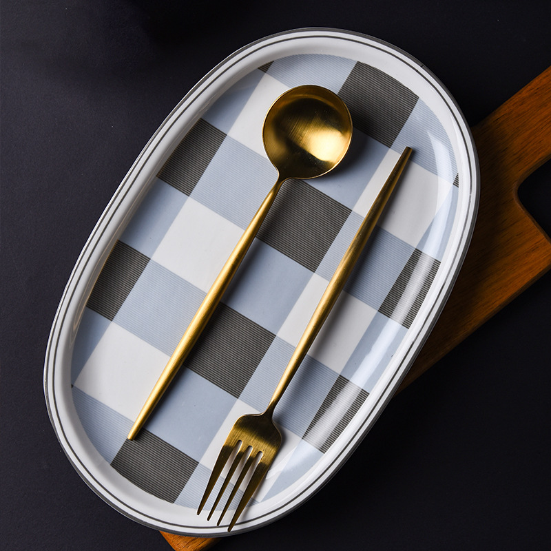 Title 12, Creative Ceramic Checkered Stripes Plate Cutlery