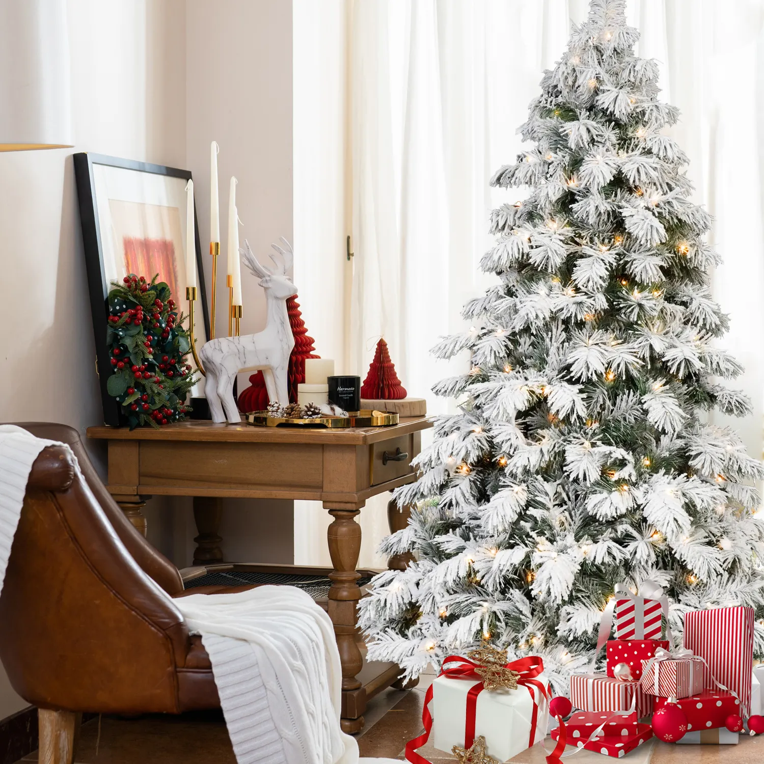 5FT 6FT 7FT 8FT Prelit Flocked Christmas