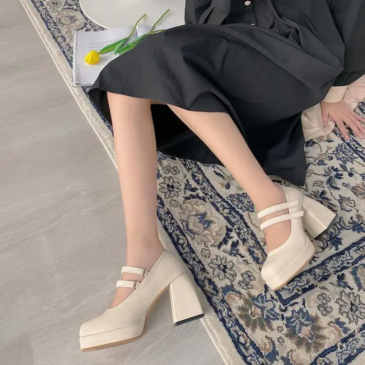 Women Double Strap Mary Jane Pumps Round