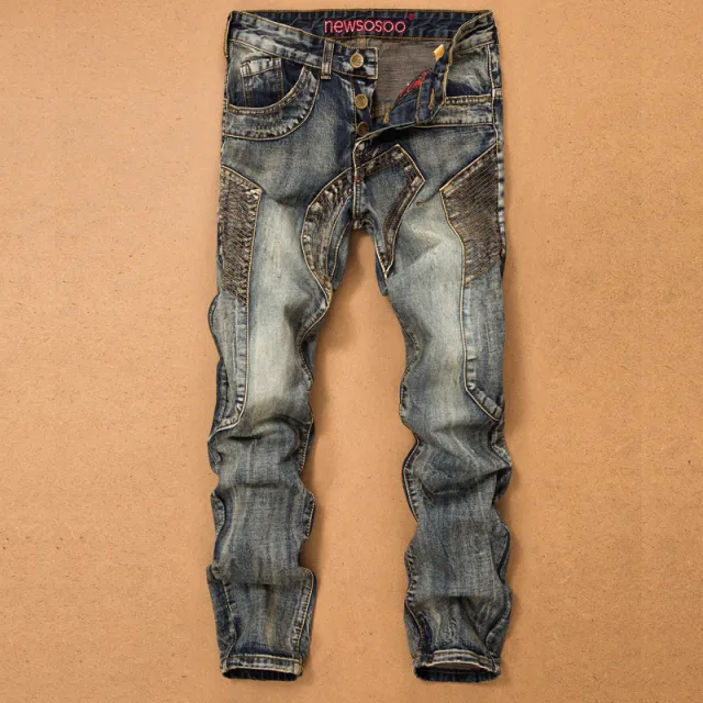 Retro Jeans Men's Stitching Beggars Old Patch Slim fit Straight Trousers Nostalgia 30 - Shop at LoveMi