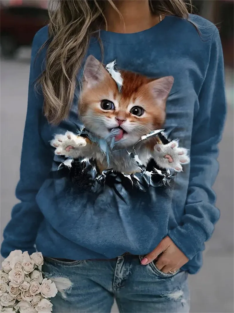 Ladies Loose Printed Long Sleeve Round Neck Sweatshirt - Style3-2Xl