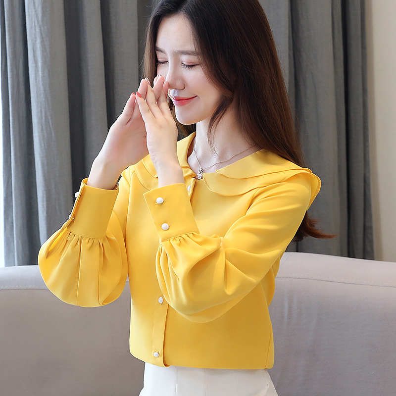 Title 3, Doll Collar Solid Color Long-sleeved Chiffon Shirt