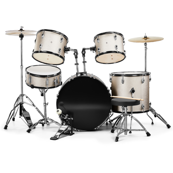 Full Size Adult Drum Set 5-Piece Silver with Bass Drum, two Tom Drum, Snare Drum, Floor Tom, 16