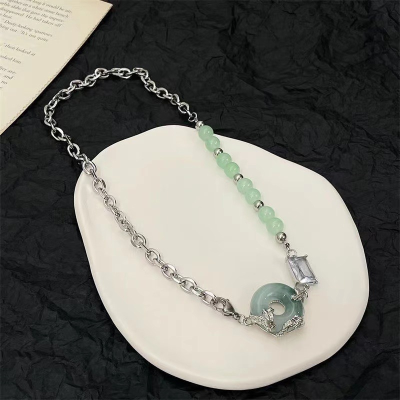 Jade Splice Zircon Titanium Steel Necklace Girl