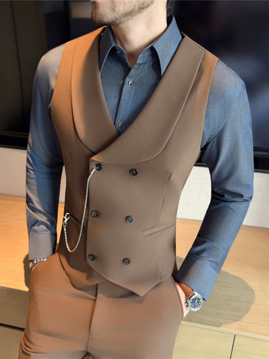 Men's Yarn-dyed High Double-breasted Shawl Collar Vest