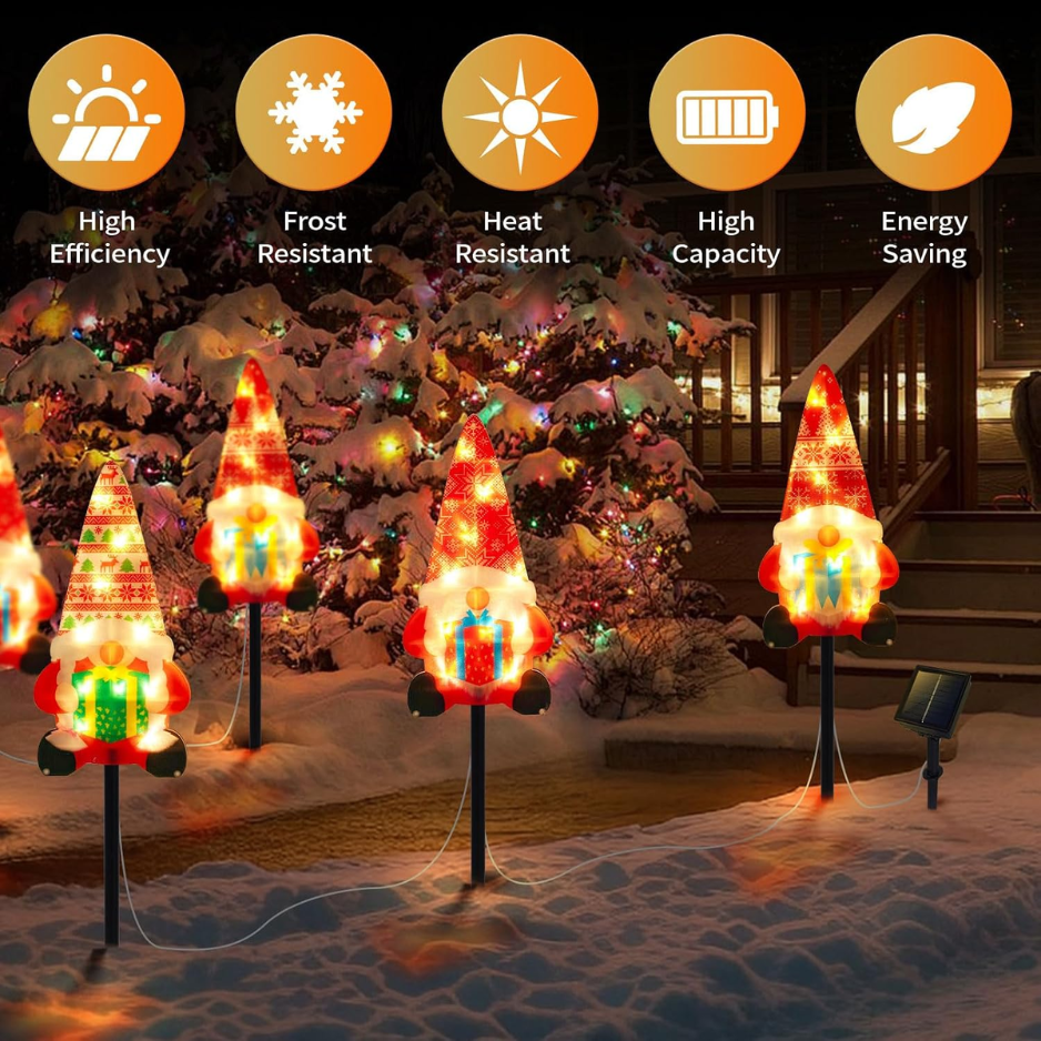 Set Of 3 Solar Christmas Decorations, 8 Modes Solar Pathway Stakes Lights, Outdoor Christmas Gnome Lights Decor For Garden 4